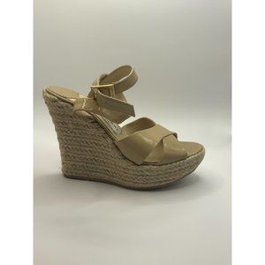 Jimmy Choo Tan Patent Leather Platform Espadrille Wedge Heels, Size 7 US, 37 EU